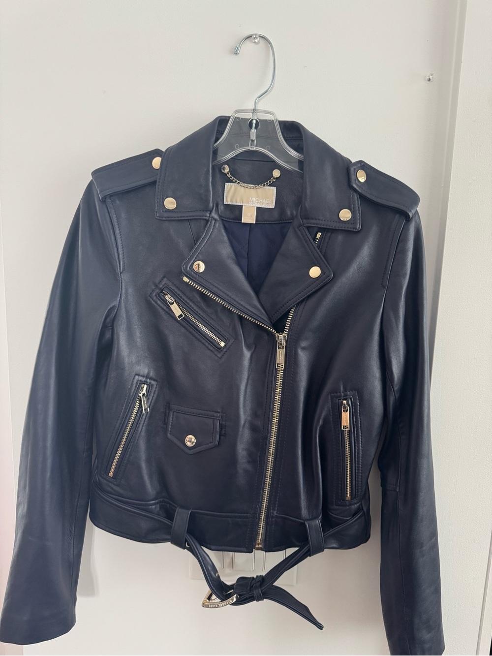 Michael Kors Navy  Leather Moto Jacket with Gold Hardware and Belt